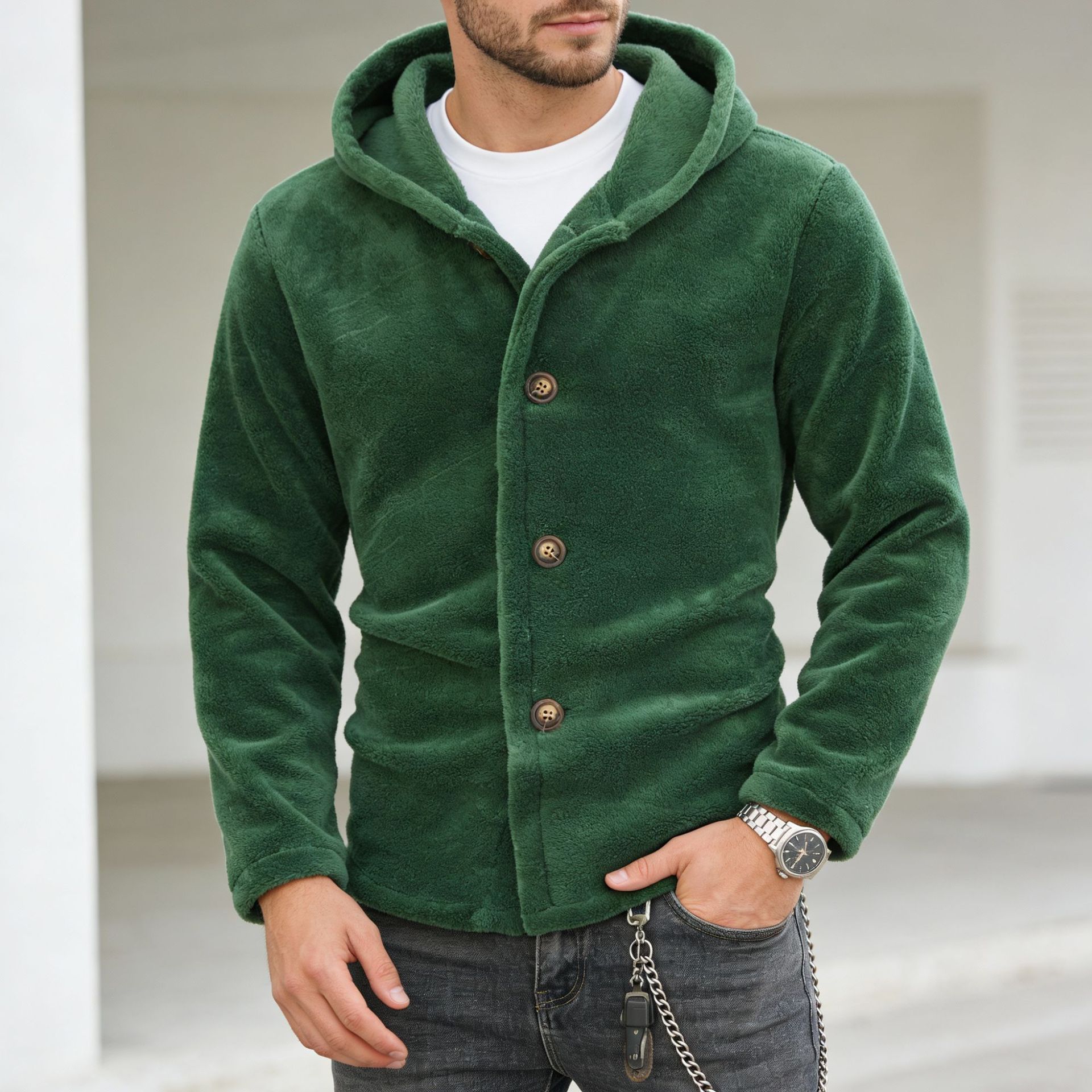 Mens Solid-Color Coral-Fleece Hooded Single-Breasted Sweatshirt Jacket
