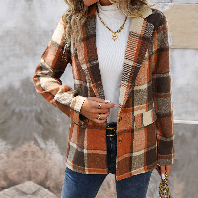 Plaid European And American Plaid Cardigan Retro Lapels Coat