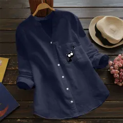 European And American Pocket Stand Collar Long Sleeve Cotton And Linen Casual Loose Print Cardigan Shirt - Dark Blue - View 1