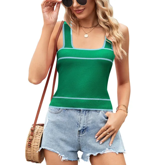 European And American Contrast Color Knitted Sweater Short Midriff baring Tank Top Green - Shop at LoveMi