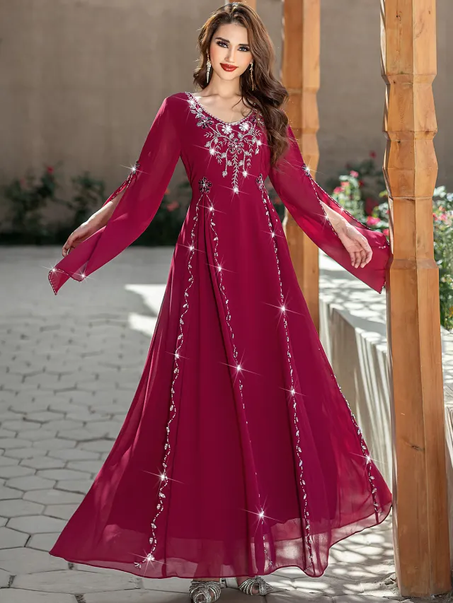 Middle East Clothing Robe Handmade Beaded Maxi Dress Fashion Gown Dress Wine Red - Shop at LoveMi