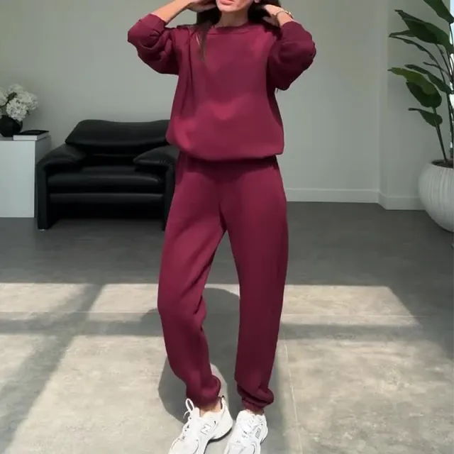 Round Neck Sweater Solid Color Straight leg Trousers Suit Wine - Shop at LoveMi