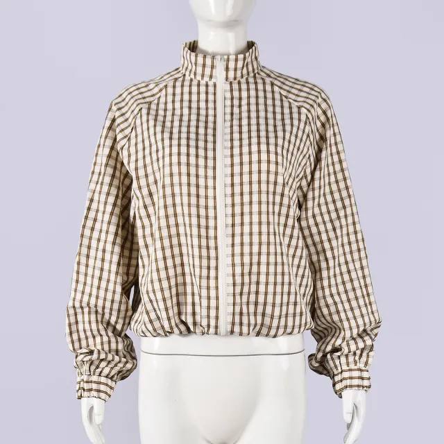 Women's Checkered Zipper Long Sleeve Coat Apricot - Shop at LoveMi