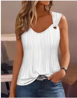 Summer Fashion Simple Metal Buckle V neck Sleeveless Women's Vest White Water Ripple - Shop at LoveMi