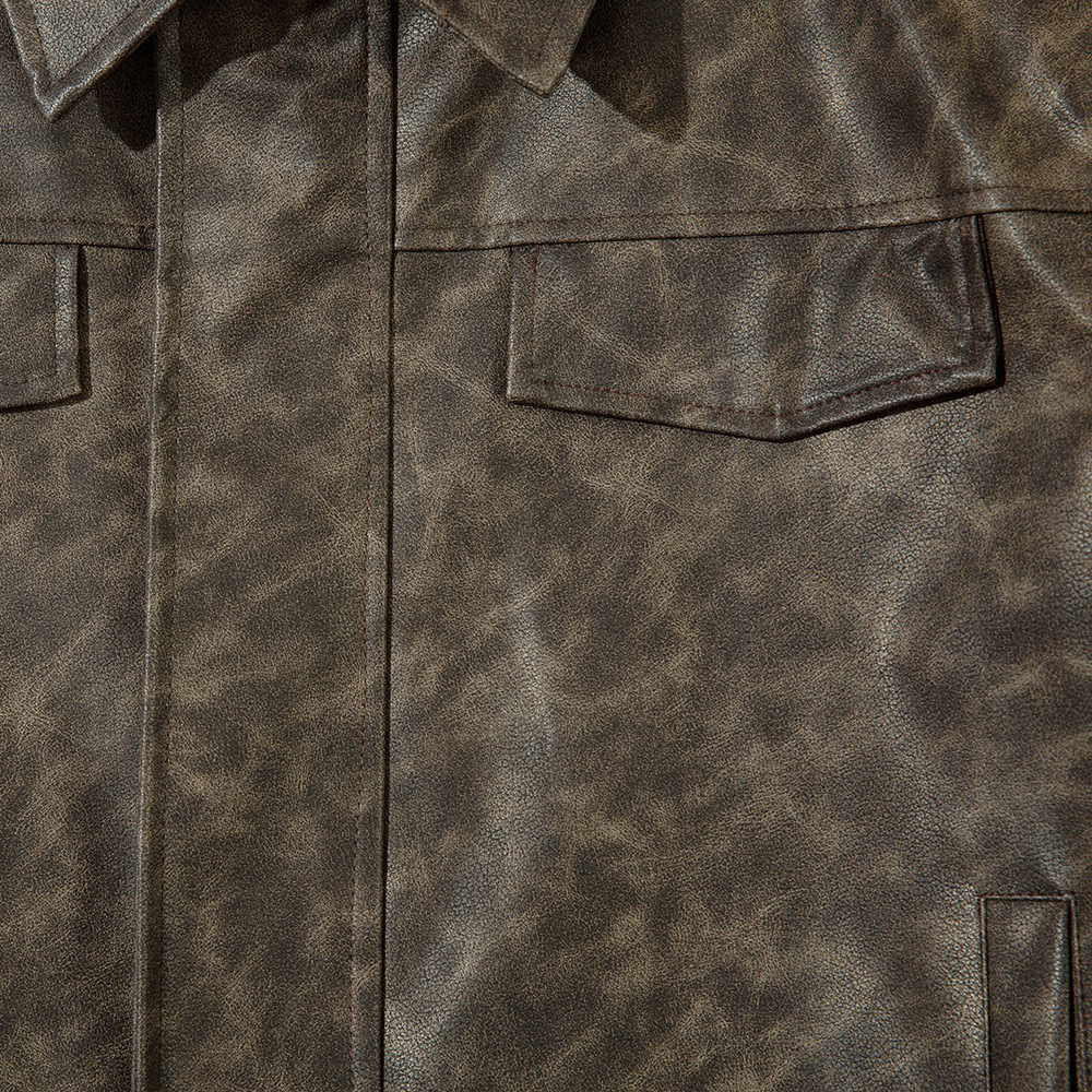 Contrast Color Texture PU Leather Coat Male