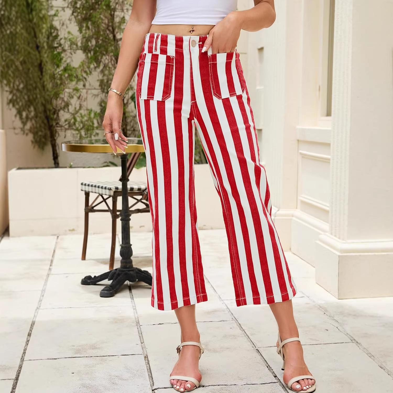 Summer Striped-print Fashionable Casual Womens Jeans