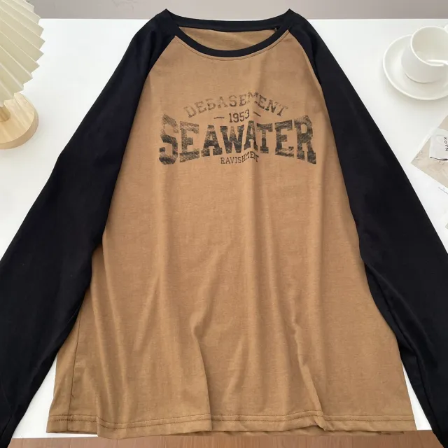 Letter Printed Long Sleeve Loose Bottoming Shirt American Retro Crew Neck Women's Top Brown - Shop at LoveMi