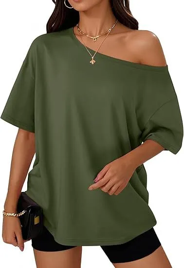 Women's T shirt Casual Fashion Diagonal Collar Top Army Green - Shop at LoveMi