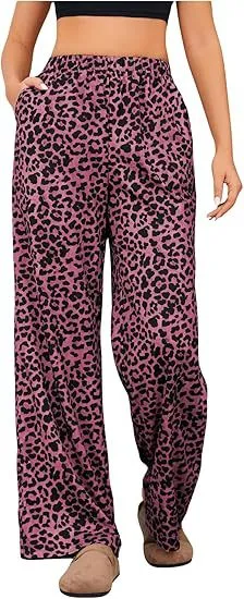 Women's Leopard Print Elastic High Waist Trousers - Dark Red