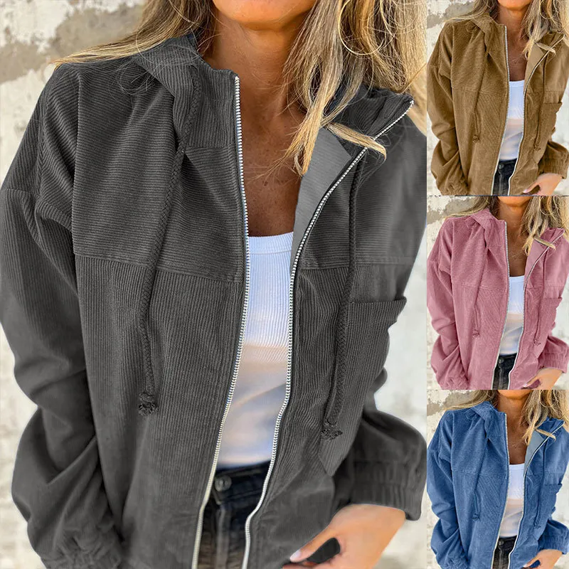 Solid Color Women's Corduroy Hooded Jacket