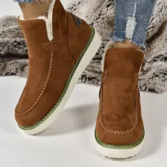 Winter Snow Boots Warm V-cut Flat Ankle Boot Women's Plus Size Solid Colour Slip-on Shoes - Brown - View 1