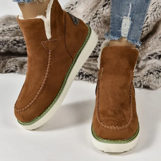 Winter Snow Boots Warm V cut Flat Ankle Boot Women's Plus Size Solid Color Slip on Shoes Brown - Shop at LoveMi