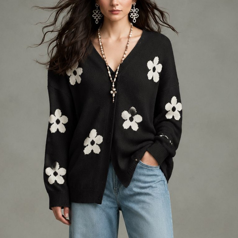 Womens Floral Print Loose Plus-Size Knitted Cardigan Coat