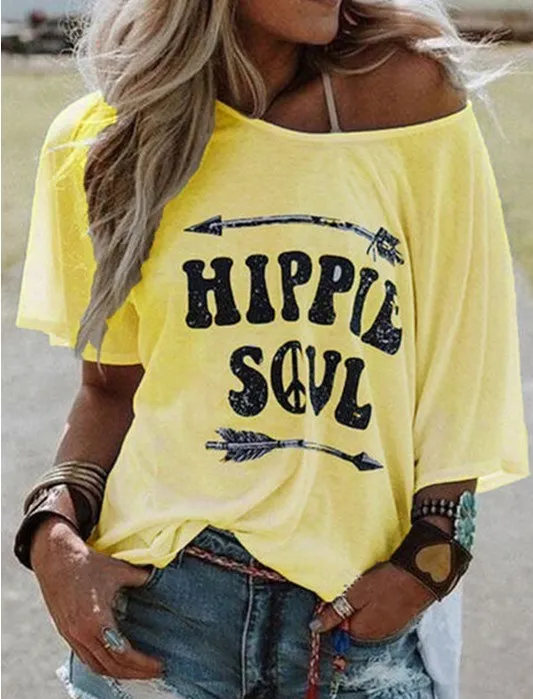 Printed T shirt Short Sleeve Loose Round neck Clothing Yellow - Shop at LoveMi