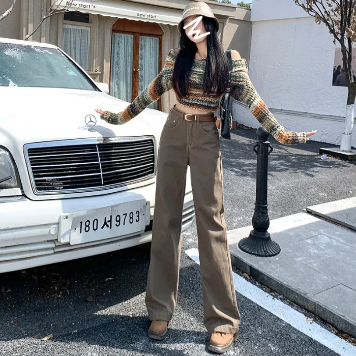 Brown High Waist Retro Jeans - Brown