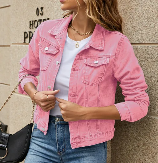 Solid Color Fashion Slim Lapel Denim Jacket Pink - Shop at LoveMi