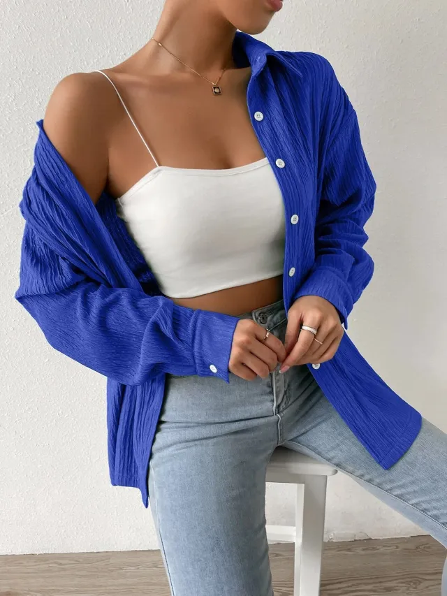 Women's Fashion Polo Collar Long sleeved Shirt Blue - Shop at LoveMi