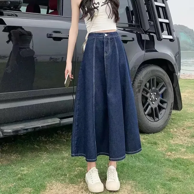 Denim A Line High Waist Umbrella Skirt Dark Blue - Shop at LoveMi