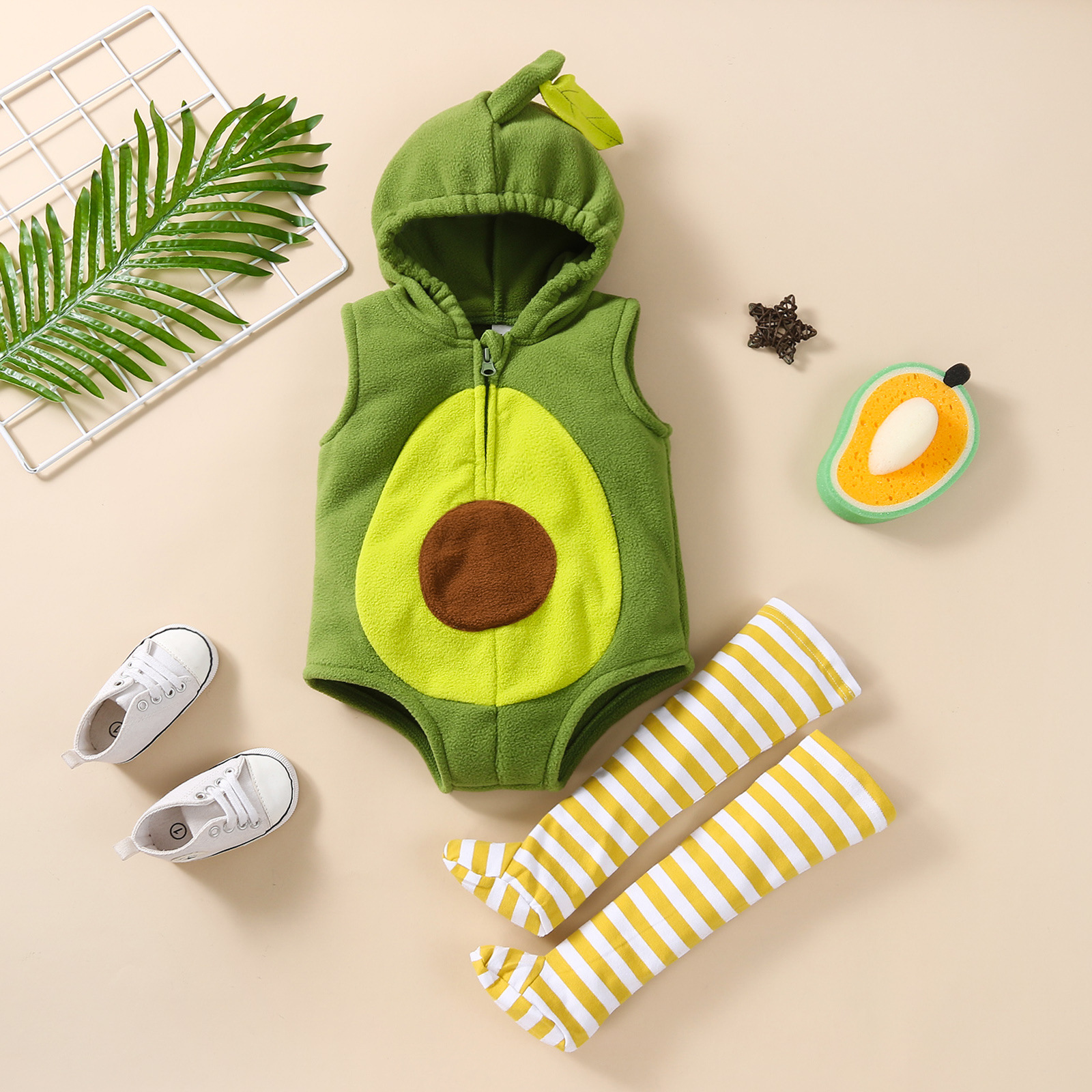 Baby Avocado Costume Hooded Sleeveless Triangle Rompers Striped Long Socks Two-p