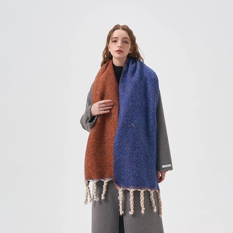 Hand-knotted Tassel Double-sided Solid Color Plush Scarf - Blue Brown
