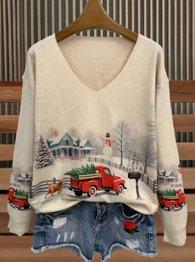 Christmas Element Printed Personal Leisure Autumn And Winter Christmas Collar Loose Sweater - D588101101