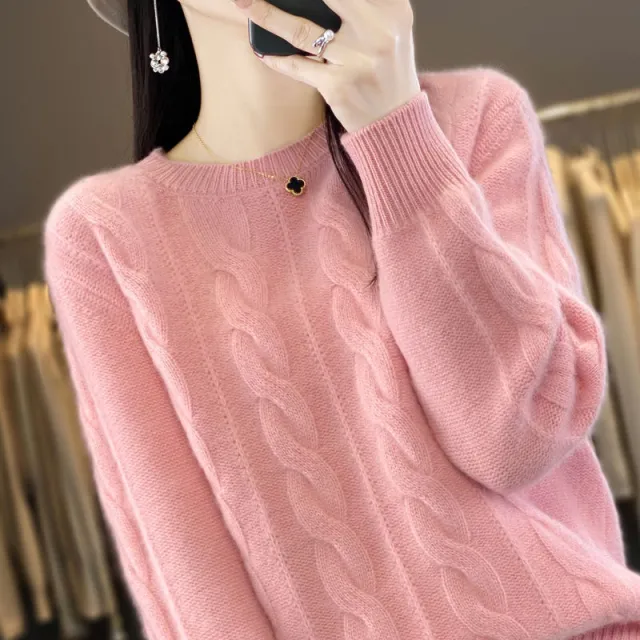 Women's Cable knit Sweater Knitwear Top Pullover Solid Color Bottoming Shirt Pink - Shop at LoveMi