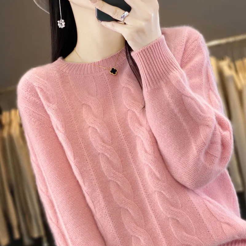 Women's Cable-knit Sweater Knitwear Top Pullover Solid Color Bottoming Shirt - Pink