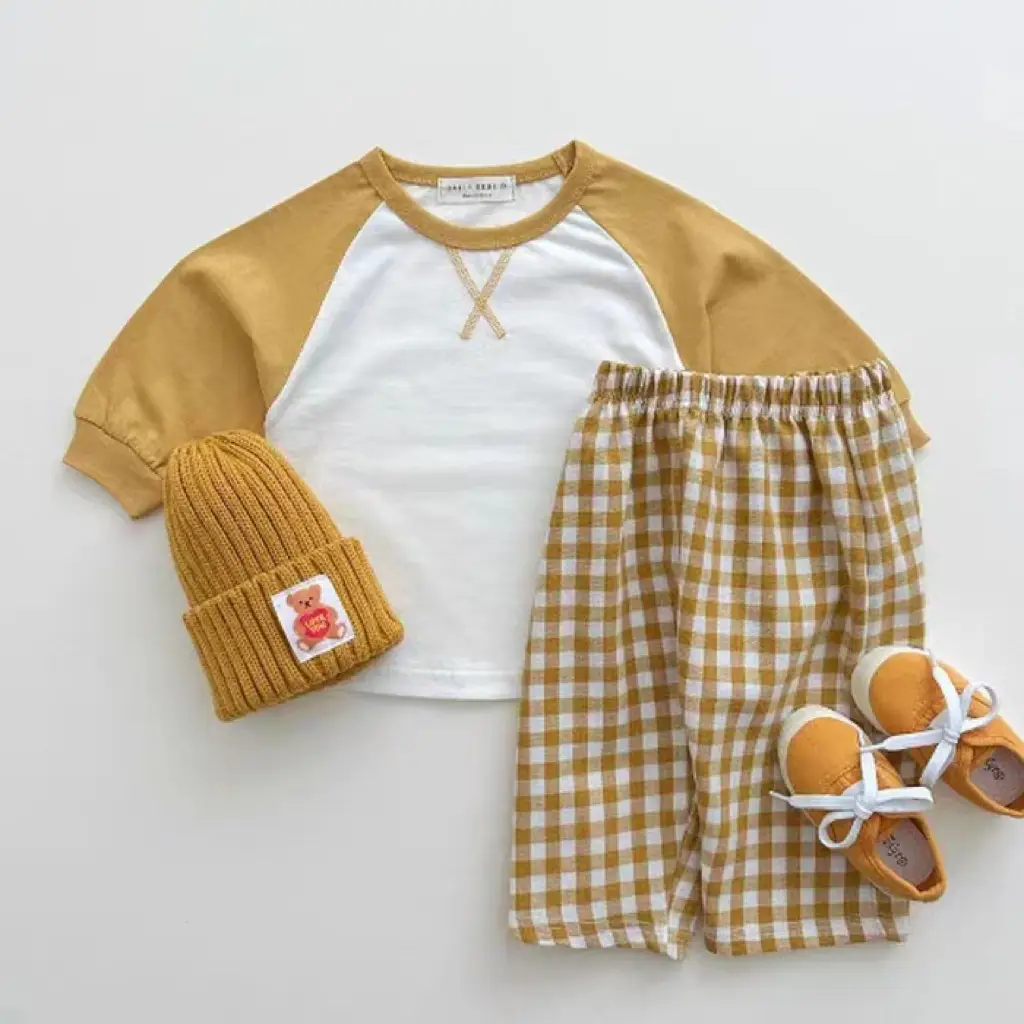 Korean Style Ins Stitching Sleeves Top Plaid Trousers Combination Suit
