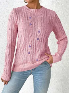 Women's Winter Round Neck Pullover Bottoming - Pink 8 Purple Flower Stickers - View 1
