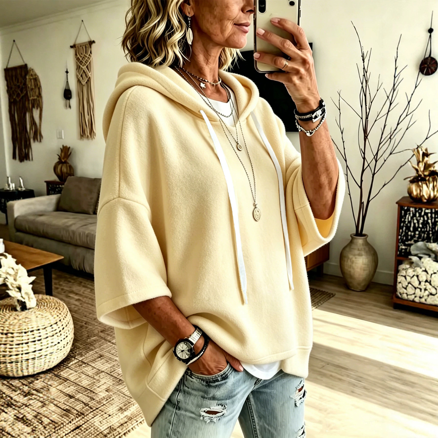 Womens Loose-fitting Hooded Top With Three-quarter Sleeves — foto 5