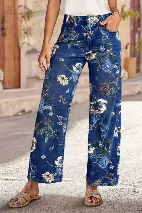 Women's Printed Denim Spring And Autumn Straight Wide leg Pants Dark Blue - Shop at LoveMi