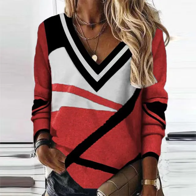 Women's Clothing V collar Contrast Color Geometric Print Elegant Loose Long Sleeve Watermelon Red - Shop at LoveMi
