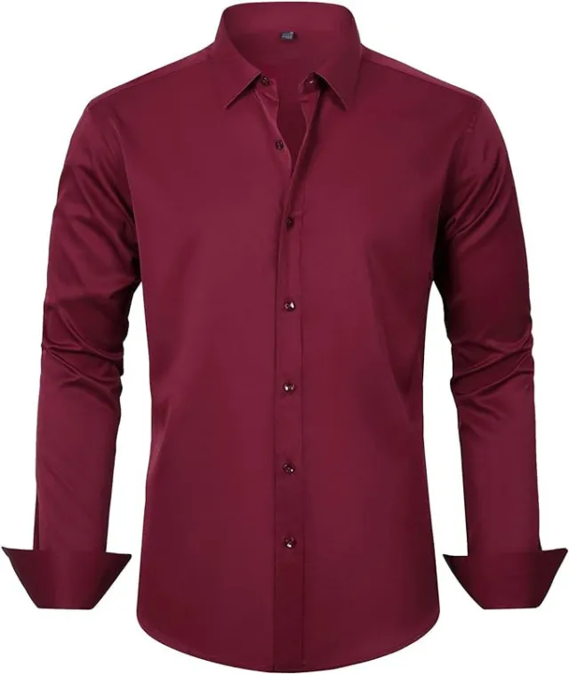 Men's Slim fit Long sleeve Solid Color Simple Business Casual Shirt Wine - Shop at LoveMi