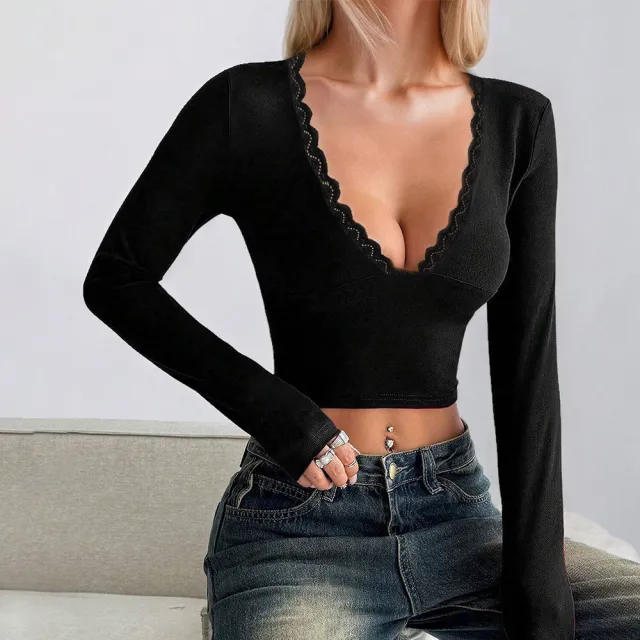 Sexy Sweet And Spicy Women's T shirt Deep V Design Long Sleeve Base Top Black - Shop at LoveMi