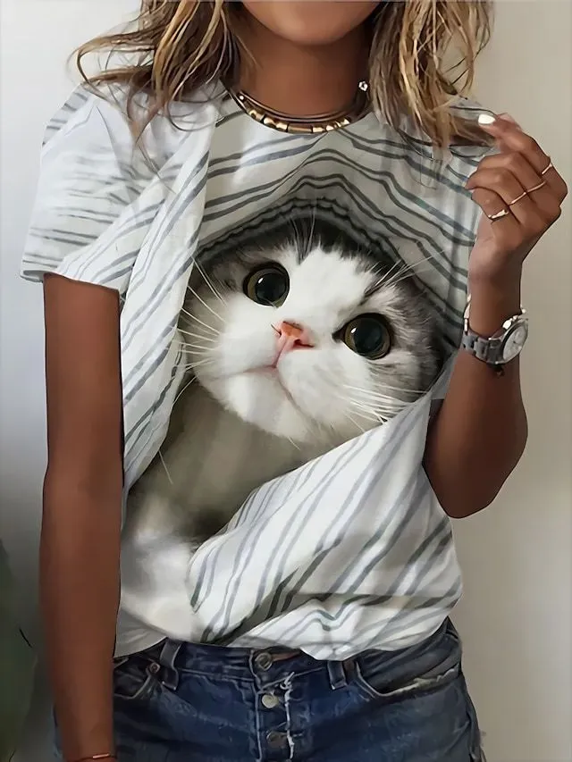 Cartoon Cat Round Neck Digital Printed Short sleeved T shirt For Women Figure 3 - Shop at LoveMi