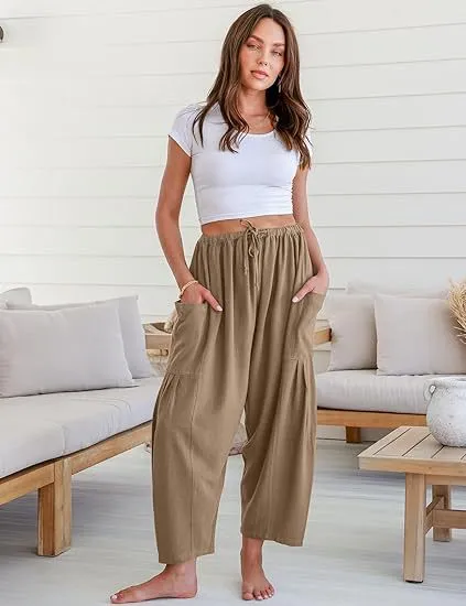 High Waist Wide Leg Loose Harem Cotton And Linen Trousers Khaki - Shop at LoveMi