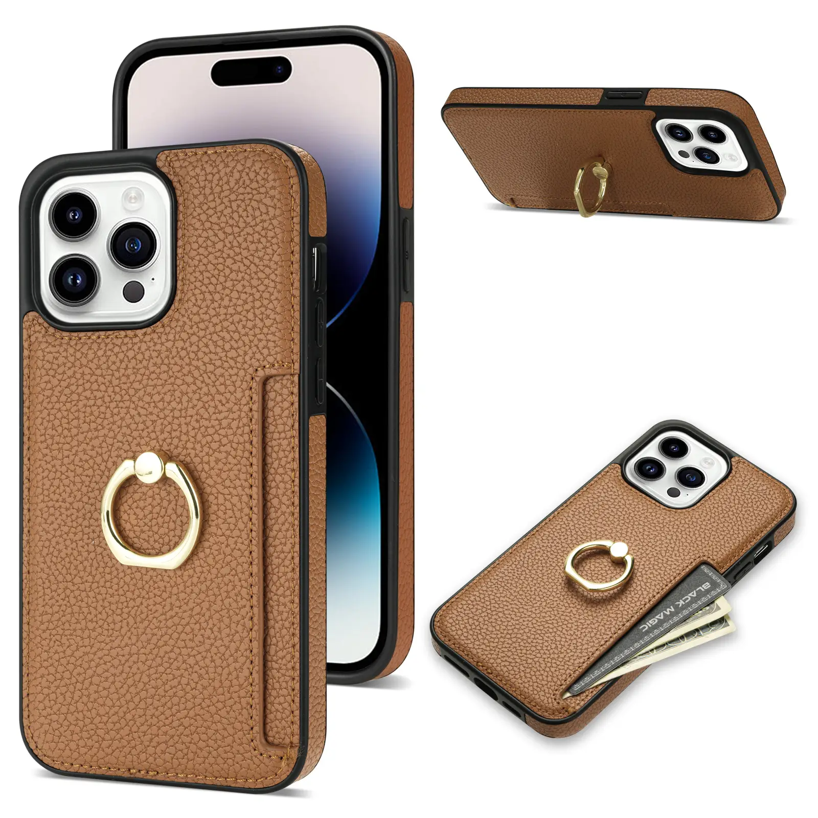 Litchi Pattern Fastened Ring Bracket Card Wallet Anti-fall Shell