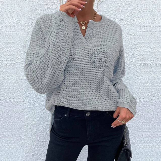 Women's Top Knitted Pullover Long Sleeve V neck Pocket Solid Color Sweater Light Gray - Shop at LoveMi