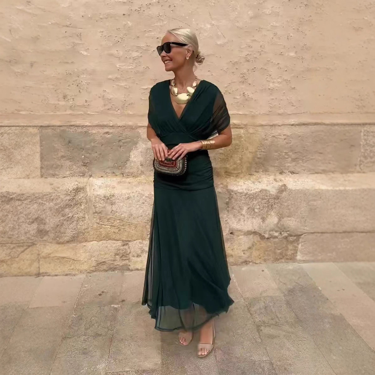 European And American SpringSummer Mesh Printed Camisole Dress