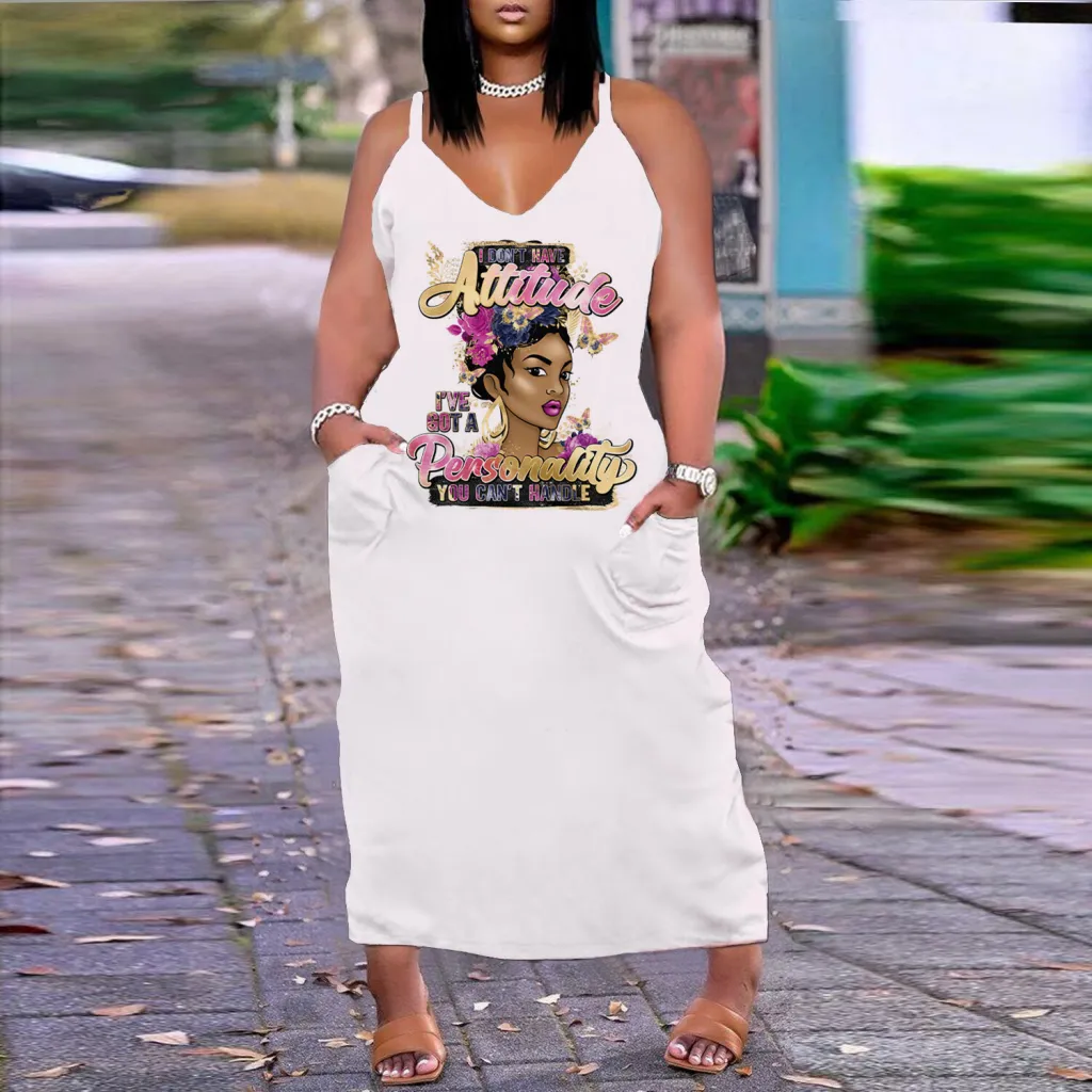 European And American Sexy V-neck Loose Slim Strap Midi Plus Size Printed Dress - Rose