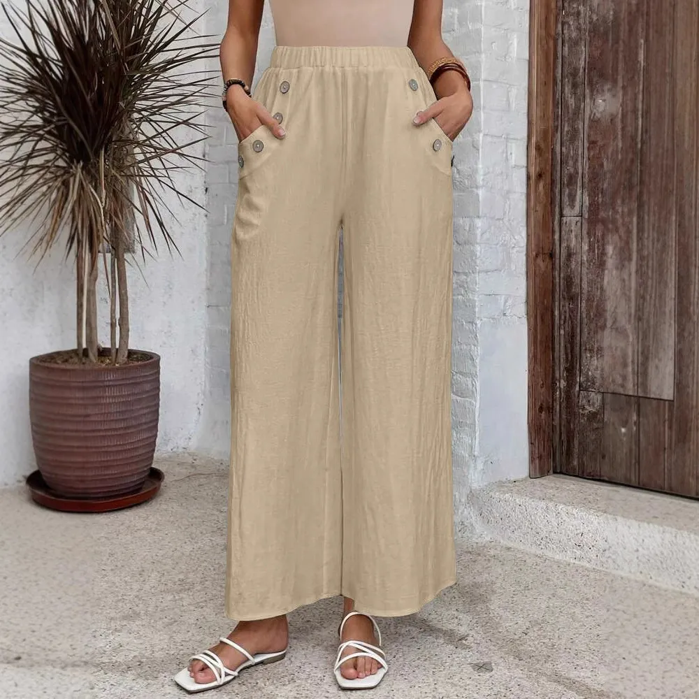 Women's Casual Pants Elastic High Waist Loose Solid Color Wide-leg Pants - Khaki