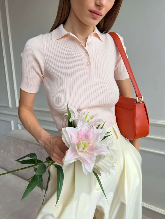 Knitwear Slim Fit Polo Collar Sweater With Short Sleeves Lotus Root Color - Shop at LoveMi
