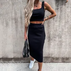 Women's Solid-Coloured Tank Top And Skirt Set Loose-Fit Casual Style - Black - View 1