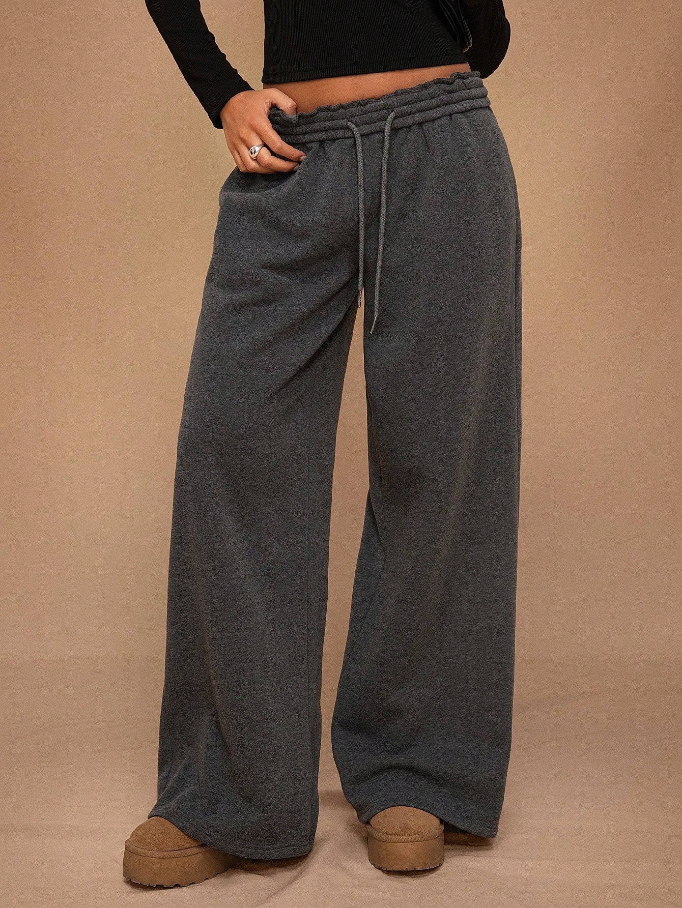 Corduroy-lined Loose-fit Wide-leg Casual Sports Trousers