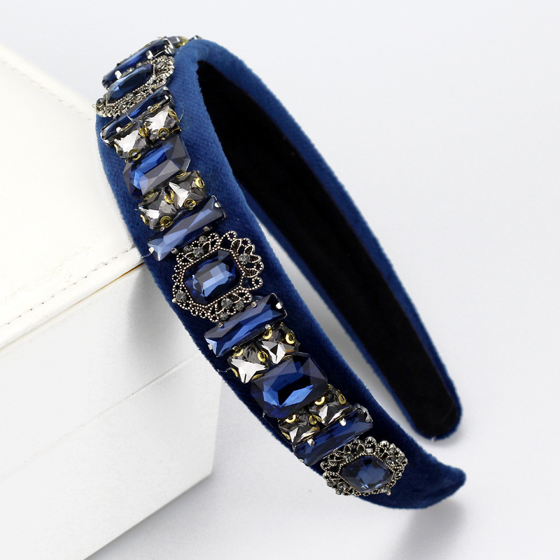 Navy Blue Rhinestone Handmade Vintage Headband With Baroque Flower And Pearls