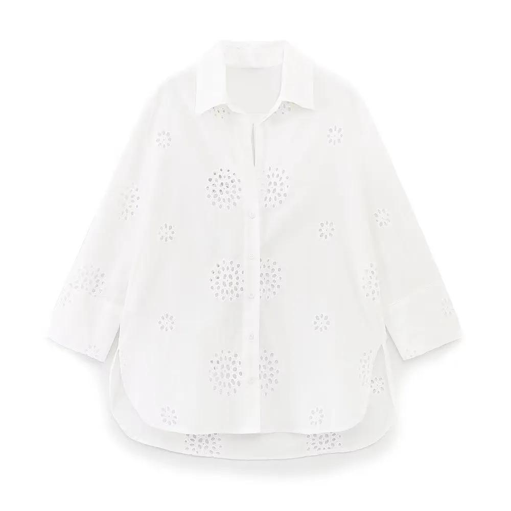Women's Lapel Embroidery Solid Color Loose Shirt - White
