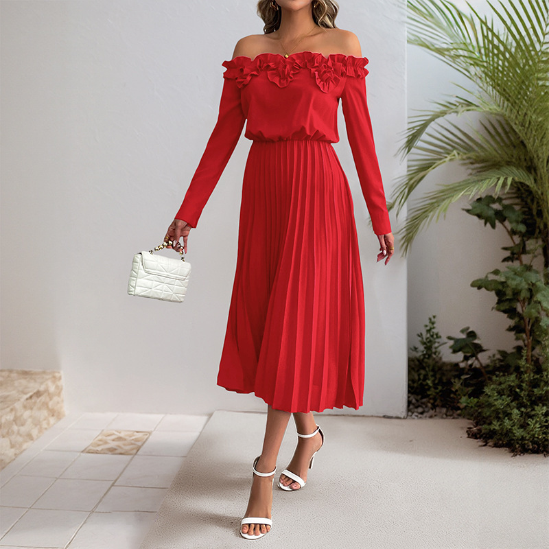 Women's Off-shoulder Long-sleeved Solid-color Dress