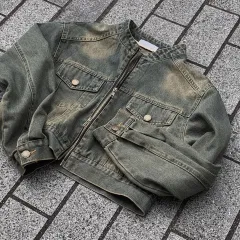 Stand Collar Double Pocket Design Loose All-matching Short Long Sleeve Denim Coat - Tan - View 1