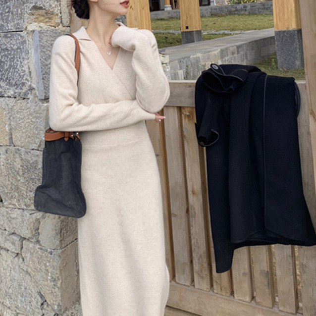 New Waist Slimming Elegant Inner Match Base Sweater Dress