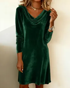 Elegant Solid Colour Swing Collar Long Sleeved Velvet Dress Temperament Gentle Skirts For Women Cocktail Party Formal Dresses - Dark Green - View 1